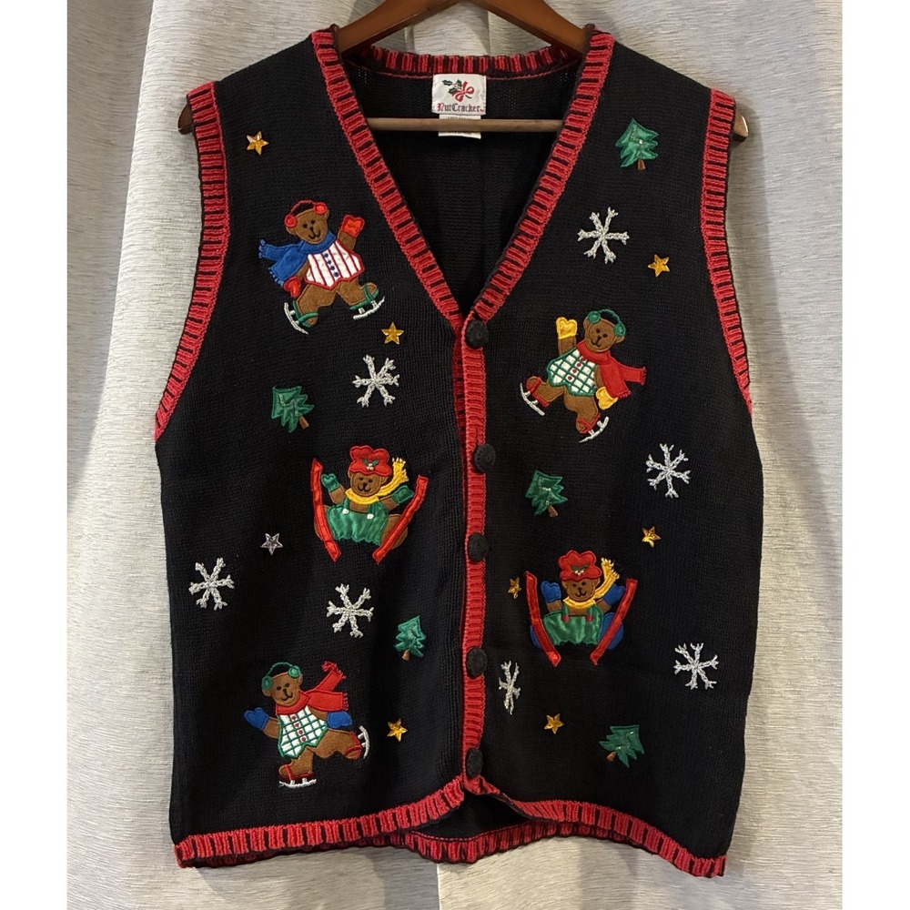 Vintage Nut Cracker Granny Christmas Sweater‎ Vest Embroidered Women's Sz Large